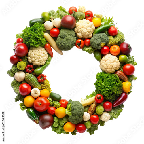 A wreath of fresh raw vegetables isolated on white