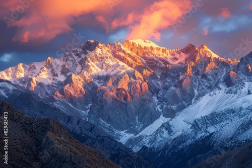 Majestic Mountain Range at Sunset with Fiery Sky