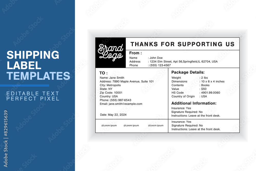 Obraz premium Custom Shipping Label Design Template with Sender, Recipient, Package Details