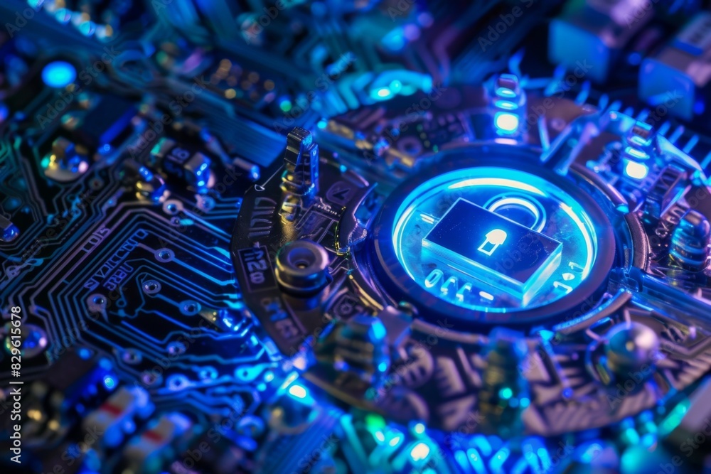 Fototapeta premium Secure Digital Circuit Board with Lock Symbol