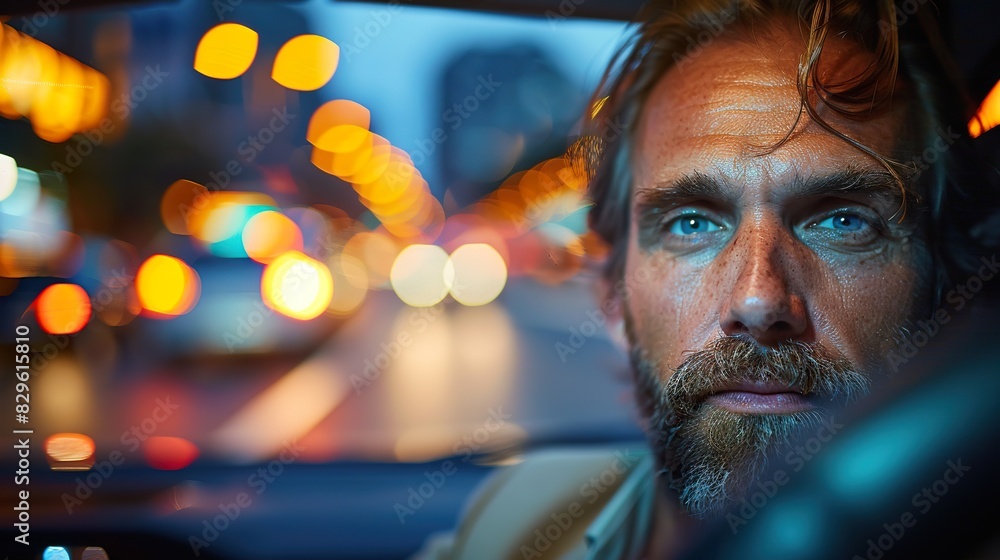 Pensive Bearded Man in Car with City Lights Background Pensive Bearded Man in Car with City Lights Background