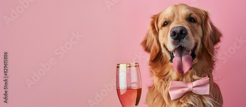golden retriever wearing bow tie and a glass of wine in hand in pastel background. photo