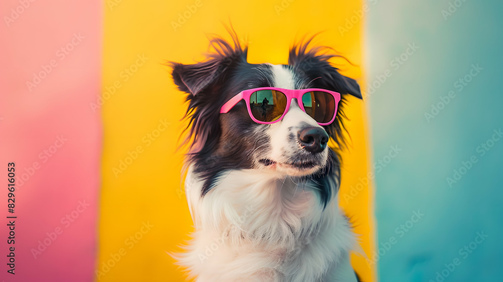 A Border collie dog wearing sunglass in pastel background