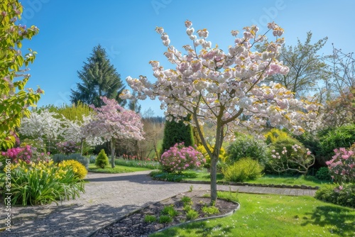 Cherry Blossom Trees in a Sunny Garden