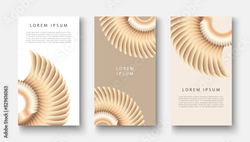 Luxury abstract beige set of design templates for stories, posters, banners or covers. Vertical skinny cover design templates with golden abstract elements.