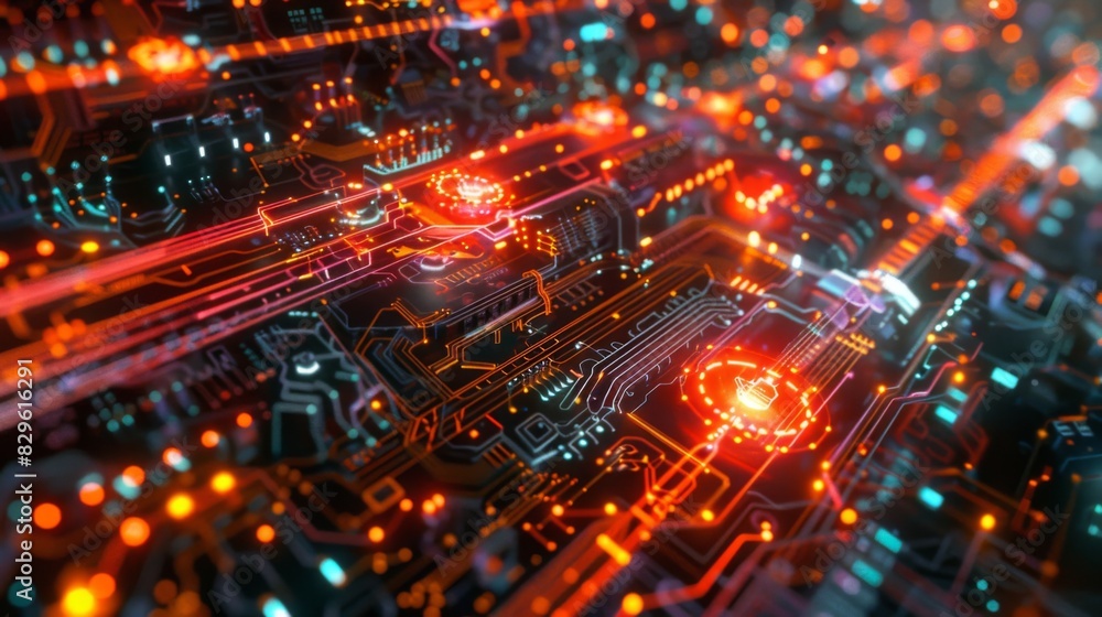 Fototapeta premium Glowing Circuit Board with Orange Lights