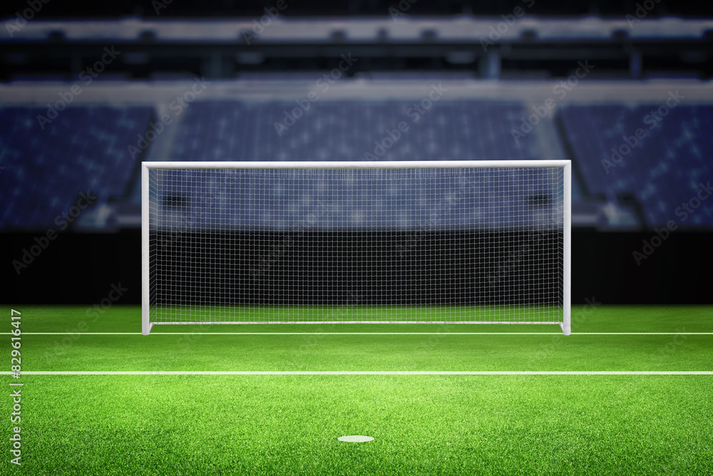 Fototapeta premium Empty football goal in the stadium, perfect for background or text and product promotion, showcasing a sports-themed atmosphere