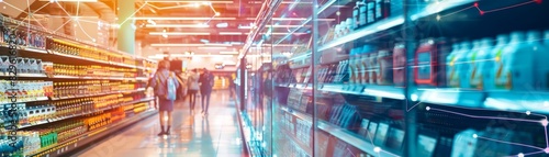 A brightly lit supermarket aisle with shelves stocked with various products and blurred shoppers in the background.