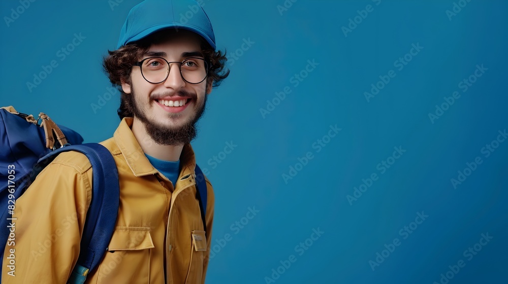 Fototapeta premium Joyful Mail Carrier Embracing Modern Career Portrait on Colorful Background