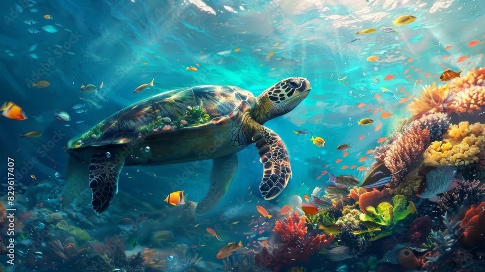 Fototapeta premium Sea Turtle Swimming Amidst Vibrant Coral Reef