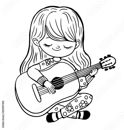 Kid with a Guitar Contour Vector Drawing
