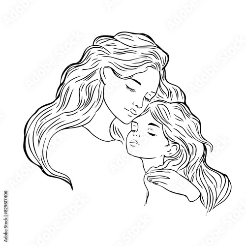 Mother and Child Contour Vector Drawing
