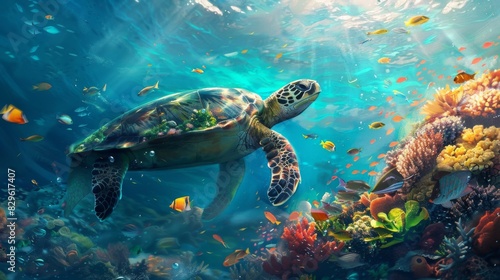 Sea Turtle Swimming Amidst Vibrant Coral Reef