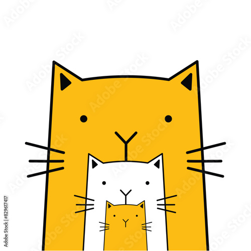 Stacked Cats Illustration: Yellow and White Cat Family