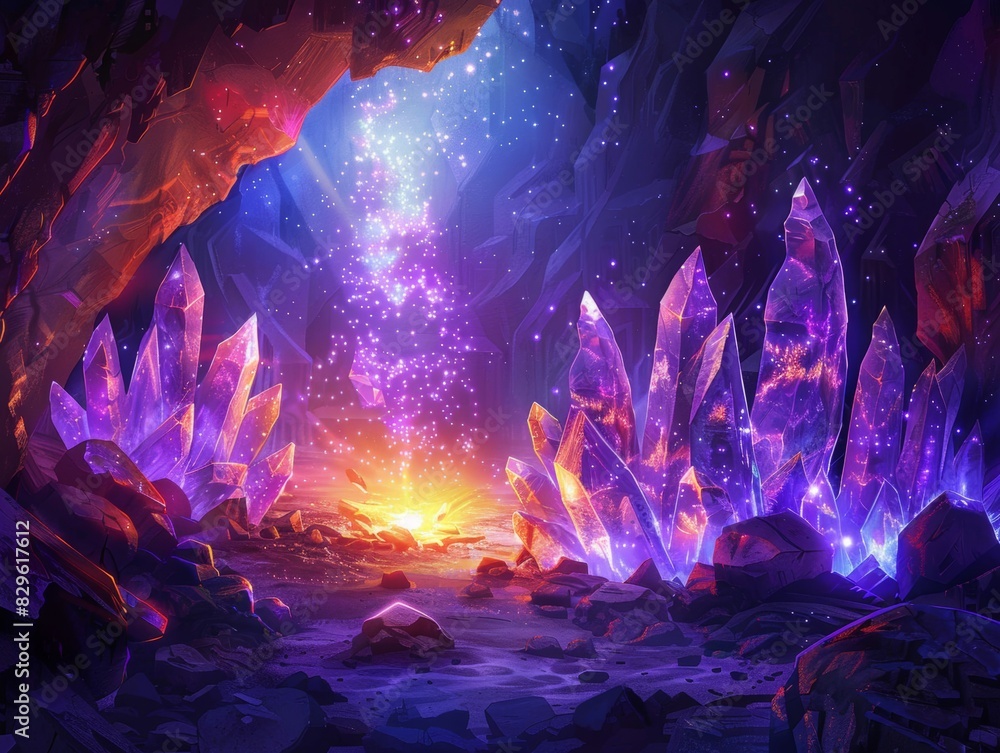 Obraz premium Mysterious cave lit with glowing crystals