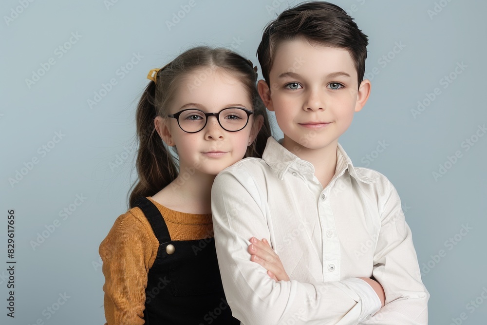 front view cute young boy girl posing together front view cute young boy girl posing together