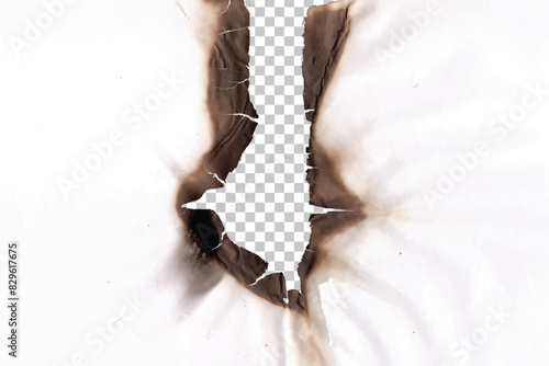 Realistic holes burn in paper with brown edges and flames isolated on transparent background