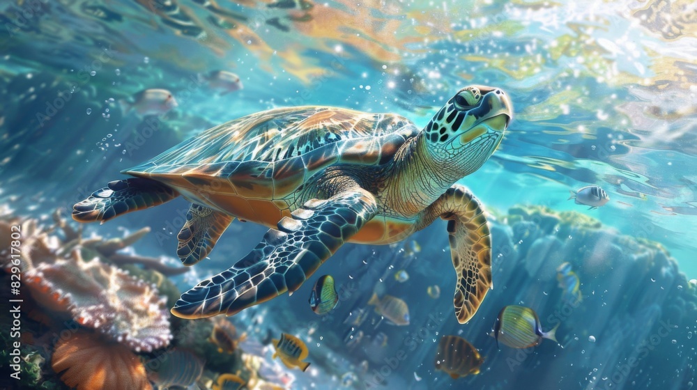 Sea Turtle Swimming Among Coral Reefs Sea Turtle Swimming Among Coral Reefs