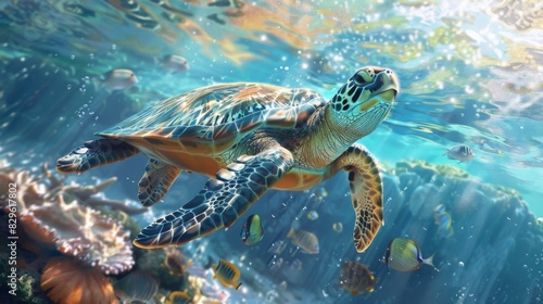 Sea Turtle Swimming Among Coral Reefs © ZeeZaa