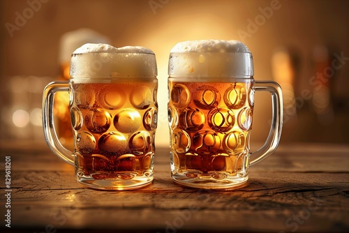 Featuring a two mugs of beer on a wooden table background photo