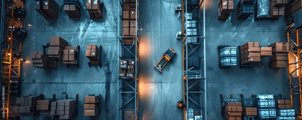 Aerial view of a modern warehouse with rows of shelves, boxes, and a forklift moving goods under bright lighting. Aerial view of a modern warehouse with rows of shelves, boxes, and a forklift moving goods under bright lighting.
