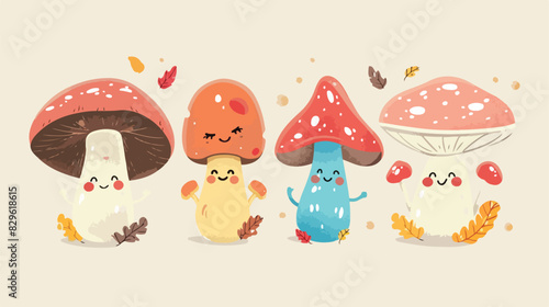 Cute smiling mushroom character in doodle style. Retr