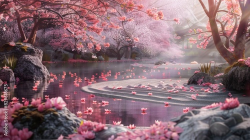 A tranquil Zen garden that blooms during cherry blossom season