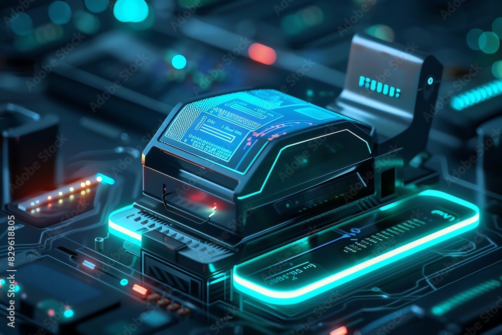 Naklejka premium Futuristic circuit board with glowing neon lights and intricate microchips. High-tech electronic components and advanced technology concept.