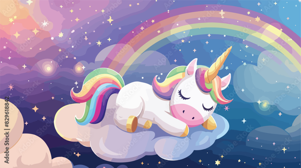 Cute unicorn lies on a cloud with the starry sky and