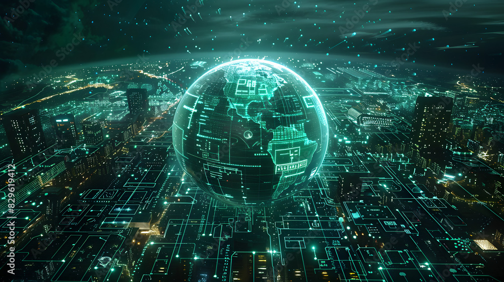 the world surrounded by technology and an image of a city the world surrounded by technology and an image of a city