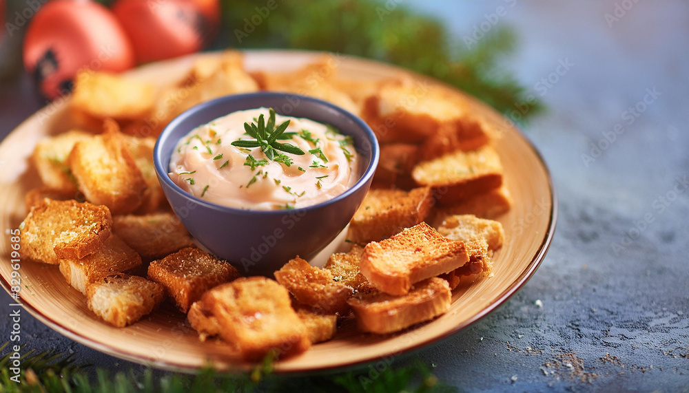 Homemade baked crispy croutons and sauce. Bruschetta crackers. Tasty bread snack. Delicious food. Homemade baked crispy croutons and sauce. Bruschetta crackers. Tasty bread snack. Delicious food.
