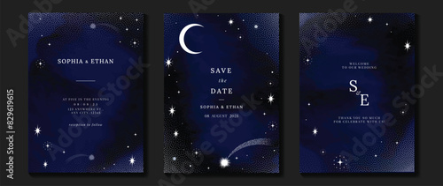 Elegant invitation card design vector. Luxury wedding card with firework, glitter spot, watercolor on dark blue background. Design illustration for cover, poster, wallpaper, gala, VIP, happy new year.