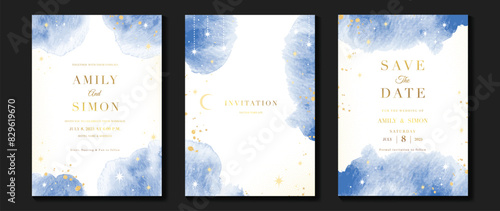 Elegant invitation card design vector. Luxury wedding card with firework, glitter spot, blue watercolor on white background. Design illustration for cover, poster, wallpaper, gala,VIP, happy new year.