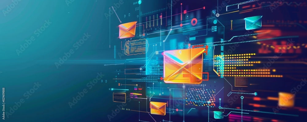 Digital communication concept with glowing email icons and abstract ...