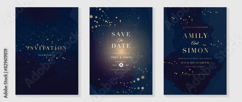Elegant invitation card design vector. Luxury wedding card with firework, glitter spot, watercolor on dark blue background. Design illustration for cover, poster, wallpaper, gala, VIP, happy new year.