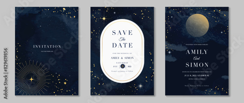 Elegant invitation card design vector. Luxury wedding card with firework, glitter spot, watercolor on dark blue background. Design illustration for cover, poster, wallpaper, gala, VIP, happy new year.