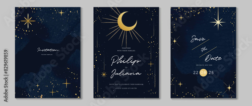 Elegant invitation card design vector. Luxury wedding card with firework, glitter spot, watercolor on dark blue background. Design illustration for cover, poster, wallpaper, gala, VIP, happy new year.