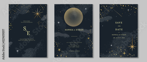 Elegant invitation card design vector. Luxury wedding card with firework, glitter spot, watercolor on dark blue background. Design illustration for cover, poster, wallpaper, gala, VIP, happy new year.