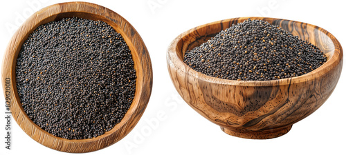 Black poppy seeds in a wooden bowl bundle, top and front view, isolated on a transparent background