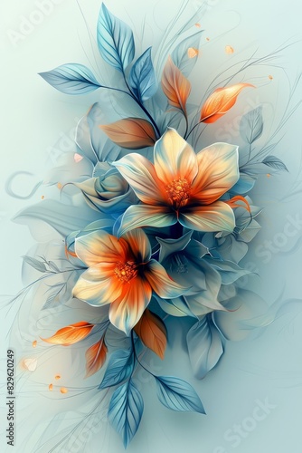 Delicate Floral and Leaf Painting on White Background