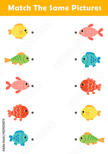 Picture Matching Worksheet for Preschool. Educational activity with cute fish illustration. Educational fun game for children.
