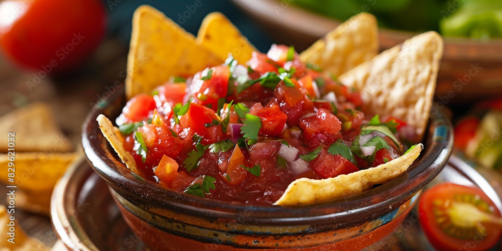 Bowl of fresh homemade salsa dip with nachos with blur background Bowl of fresh homemade salsa dip with nachos with blur background