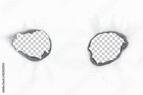 Realistic holes burn in paper with brown edges and flames isolated on transparent background