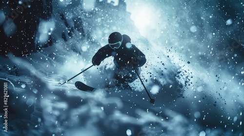 A man skis on the mountain. Selective focus.