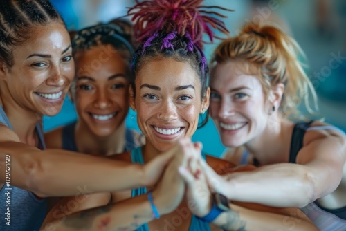 Group of diverse fitness friends putting their hands together in a huddle before a yoga session. People supporting each other in a community wellness centre. photo