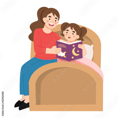 Mother reading book to daughter in bed vector illustration