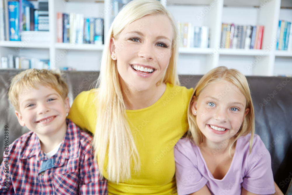 Portrait, mother and kids on sofa with embrace, bonding and love in living room for playful family in home. Relax, mom and children on couch for happy weekend together with fun, smile and hugging Portrait, mother and kids on sofa with embrace, bonding and love in living room for playful family in home. Relax, mom and children on couch for happy weekend together with fun, smile and hugging