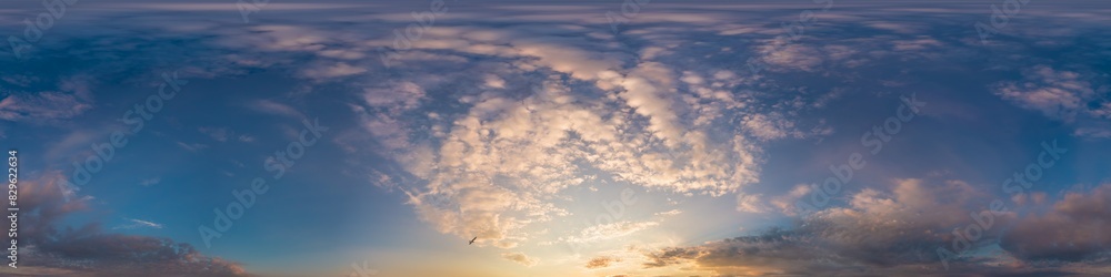 Bright sunset sky panorama with glowing red pink Cumulus clouds. HDR 360 seamless spherical panorama. Sky dome or zenith in 3D, sky replacement for aerial drone panoramas. Climate and weather change.