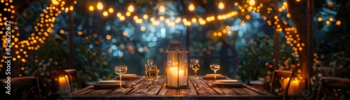 Magical outdoor dining setup with lantern and twinkling lights, perfect for a romantic evening or special celebration in nature. photo