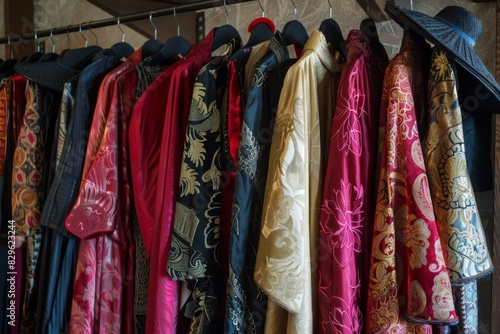 A collection of garments hangs on a rack inside a wardrobe